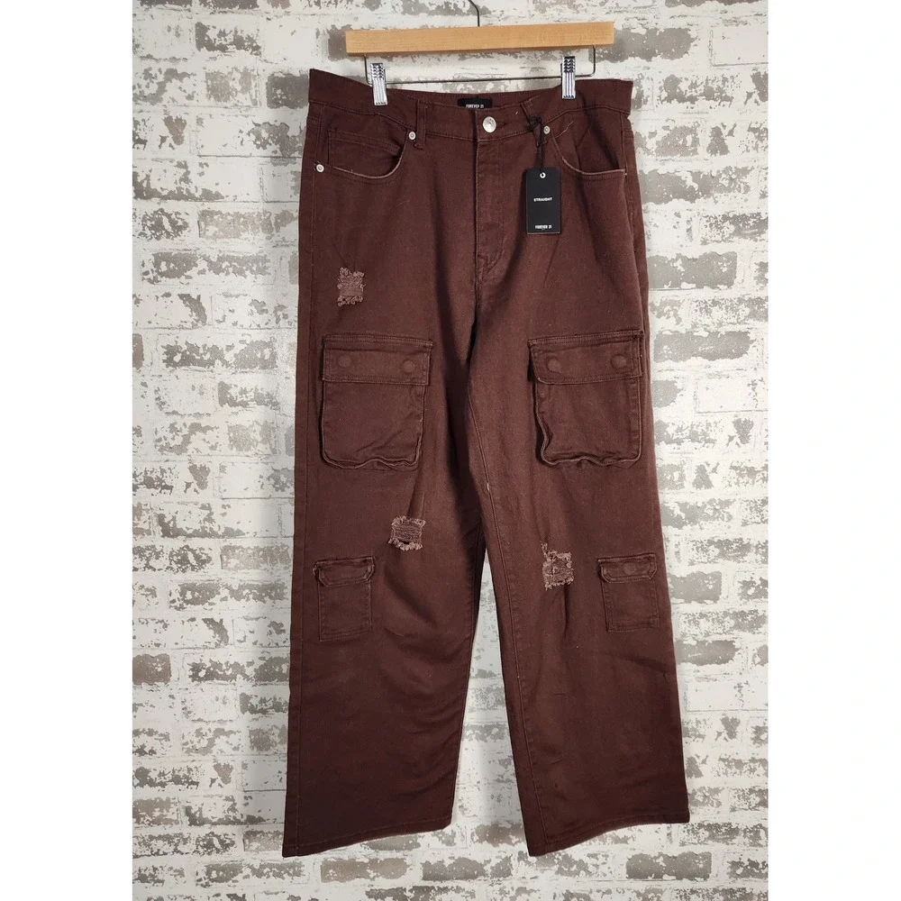 Forever 21 Cargo Pants Denim Dark Cocoa Straight Leg Distressed High Rise Casual